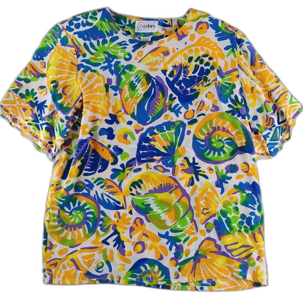 Vintage Fossil Cedars Seashell Silk Statement Print Blouse - Women's Small